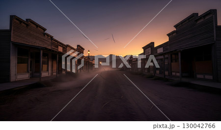 A quiet, deserted old Western town street with dusty roads, framed by rustic wooden buildings under a warm, peaceful sunset 130042766