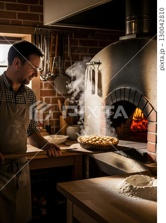 A proud male baker pulls a steaming baked pie from a rustic wood-fired oven in a traditional, brick-lined kitchen 130042810