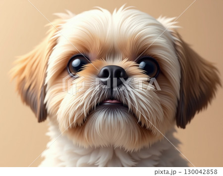 Realistic Detailed Charming Shih Tzu Puppy with Big Eyes Portrait 130042858