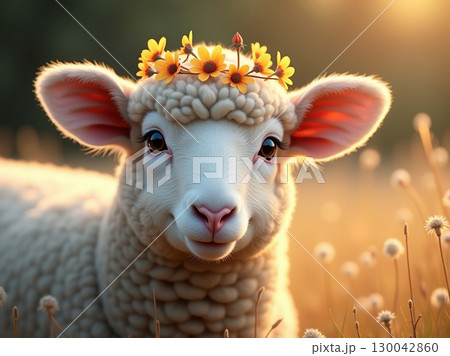 Dreamy Soft Focus Adorable Lamb with Flower Crown in Meadow 130042860