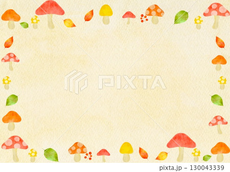 水彩で描いたカラフルなきのこのフレームイラスト 130043339