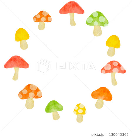 水彩で描いたカラフルなきのこのフレームイラスト 水彩で描いたカラフルなきのこのフレームイラスト 130043363