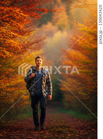 A young male hiker, appearing to be in his twenties, walks confidently and cheerfully along a sunlit path through a forest of vibrant autumn trees 130043420