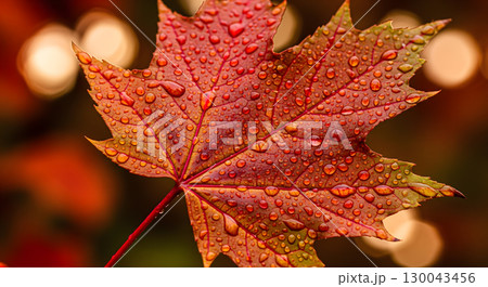 A close-up of a vibrant red and orange maple leaf covered in raindrops, with a soft-focus background of blurred lights and bokeh 130043456
