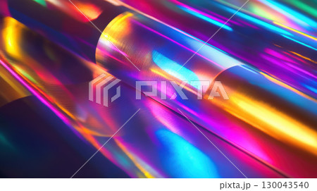 close up of holographic metallic surface reflecting vibrant colors, showcasing mesmerizing interplay of light and texture. iridescent effect creates dynamic visual experience close up of holographic metallic surface reflecting vibrant colors, showcasing mesmerizing interplay of light and texture. iridescent effect creates dynamic visual experience 130043540