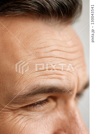 close up of man forehead showing reduced wrinkles and skin texture, highlighting effects of skincare or aging. image captures details of skin and hair close up of man forehead showing reduced wrinkles and skin texture, highlighting effects of skincare or aging. image captures details of skin and hair 130043541