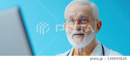 senior male doctor with glasses and white beard is engaging in virtual consultation, looking at computer screen against blue background 130043620
