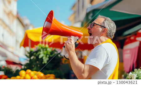 market vendor energetically uses megaphone to attract customers at vibrant outdoor market, surrounded by fresh produce and colorful stalls 130043621