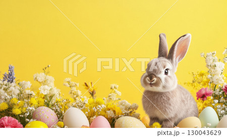 Cute bunny surrounded by colorful Easter eggs and flowers on bright yellow background, creating cheerful and whimsical atmosphere for spring celebrations 130043629