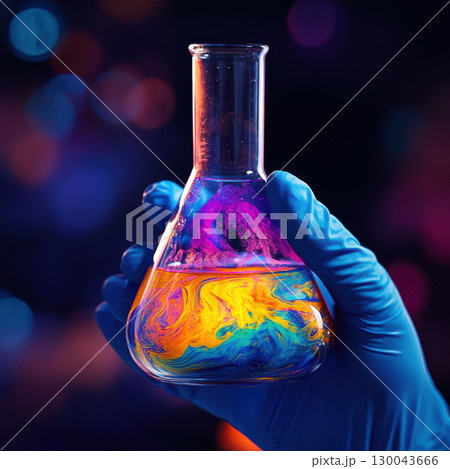 gloved hand holds glass beaker filled with colorful liquid, showcasing vibrant swirls of purple, blue, and orange. background features blurred, colorful bokeh effect, enhancing scientific 130043666