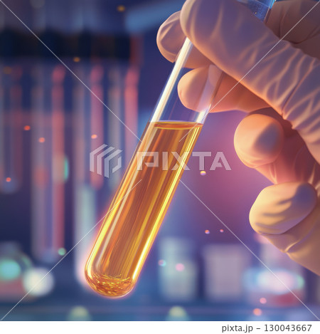 Close up shot of gloved fingers carefully handling glass test tube filled with orange liquid, showcasing laboratory setting with colorful background elements 130043667