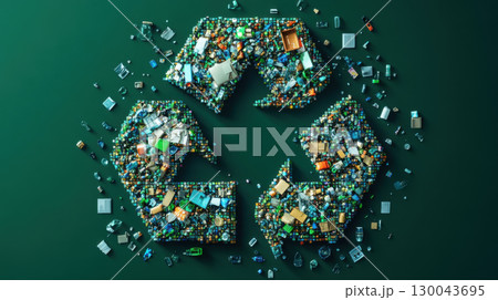Recycling symbol made of various plastic items, emphasizing sustainability and environmental awareness. vibrant colors and arrangement highlight importance of recycling 130043695