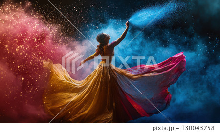 dancer twirls gracefully in vibrant dress, surrounded by colorful powder and smoke, creating magical atmosphere filled with energy and movement dancer twirls gracefully in vibrant dress, surrounded by colorful powder and smoke, creating magical atmosphere filled with energy and movement 130043758