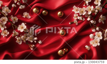 Elegant red silk fabric adorned with delicate white cherry blossoms and golden ornaments, creating festive atmosphere perfect for celebrations Elegant red silk fabric adorned with delicate white cherry blossoms and golden ornaments, creating festive atmosphere perfect for celebrations 130043759
