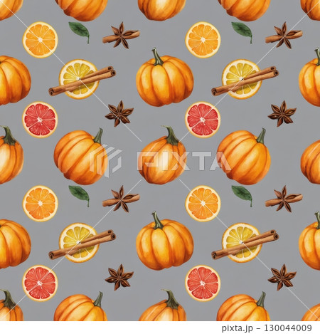 Seamless autumn pattern featuring vibrant pumpkins, leaves, and other festive Halloween decorations 130044009