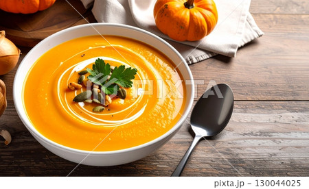 Homemade orange pumpkin and tomato soup with croutons served in a bowl on a white plate Homemade orange pumpkin and tomato soup with croutons served in a bowl on a white plate 130044025