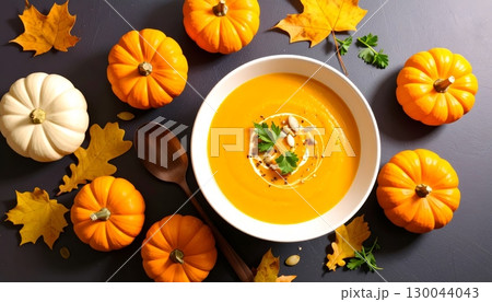 A creamy pumpkin soup with autumn leaves in a white bowl, perfect for a healthy vegetarian meal 130044043