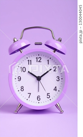 A purple alarm clock with bells on top sits isolated on a purple background 130044045