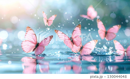 Pink butterflies on water surface Pink butterflies on water surface 130044048