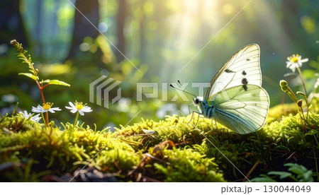 A beautiful cabbage butterfly with white wings is a closeup macro image showing a summer insect on a yellow flower in a garden A beautiful cabbage butterfly with white wings is a closeup macro image showing a summer insect on a yellow flower in a garden 130044049