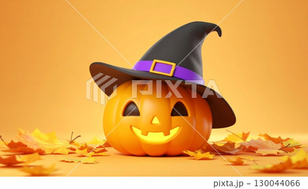 A spooky, cute jack-o'-lantern with a witch hat and a black cat for a fun October celebration 130044066
