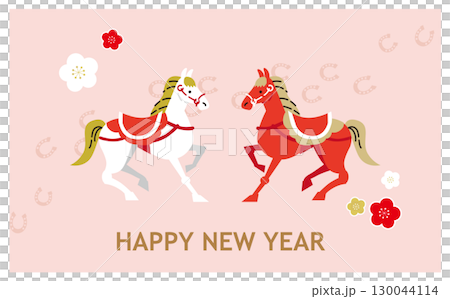粉紅色可愛的馬年向量插圖新年卡片材料 130044114