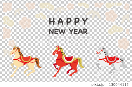 3頭の馬と松竹梅のかわいい年賀状ベクターイラスト背景素材 130044115
