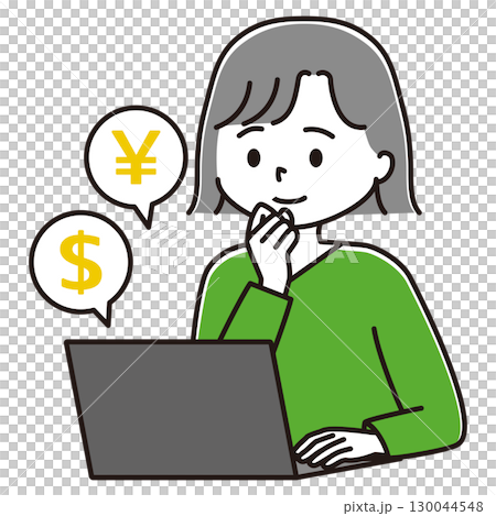 Woman operating a laptop, smiling, investment, foreign currency 130044548