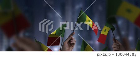 Senegal flags in their hands on a blurred urban background 130044585