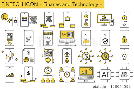 フィンテックアイコン、金融と技術のイラストアイコンセット フィンテックアイコン、金融と技術のイラストアイコンセット 130044599