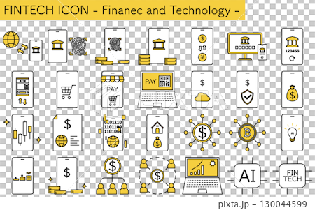 フィンテックアイコン、金融と技術のイラストアイコンセット フィンテックアイコン、金融と技術のイラストアイコンセット 130044599