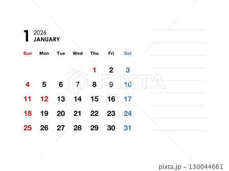 2026年1月カレンダー メモ付き 2026年1月カレンダー メモ付き 130044661