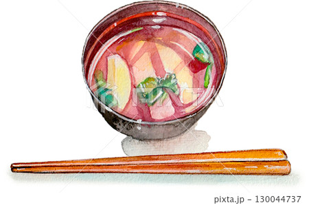 水彩で描いた木の箸とお吸い物 130044737