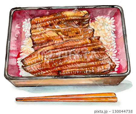 水彩で描いたうな重と木の箸 130044738