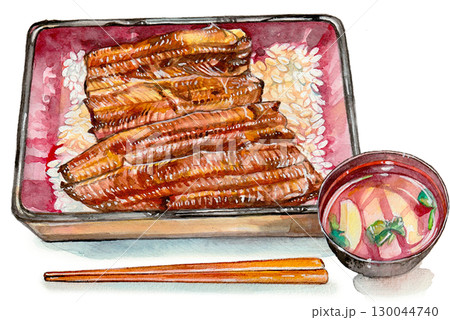 水彩で描いたうな重と木の箸とお吸い物 130044740