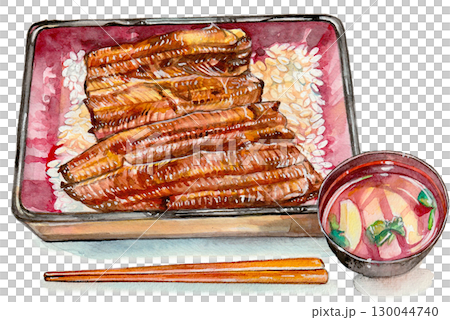 鰻魚、木筷子和湯的水彩畫 130044740