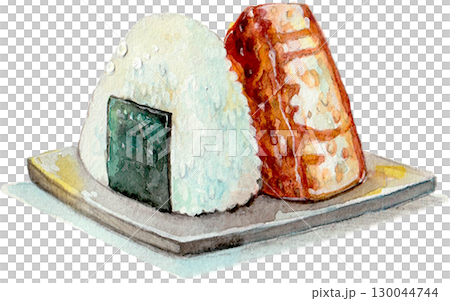 Watercolor rice balls and grilled rice balls 130044744