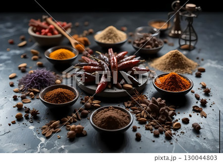 Chili Pepper and Spice Assortment on a Dark Surface 130044803