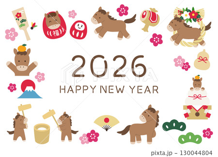2026年午年の年賀状テンプレート。馬、かわいい、縁起物、梅の花、ベクター、うま 130044804
