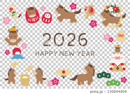 New Year's card template for the Year of the Horse 2026. Horse, cute, lucky charm, plum blossom, vector, horse New Year's card template for the Year of the Horse 2026. Horse, cute, lucky charm, plum blossom, vector, horse 130044804