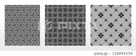 Geometric floral set of seamless patterns. Gray and black vector backgrounds. Damask graphic ornaments 130045254