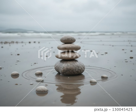Stacked Stones on a Misty Beach 130045425