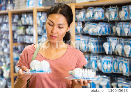 Asian female selecting energy efficient light bulbs Asian female selecting energy efficient light bulbs 130045658