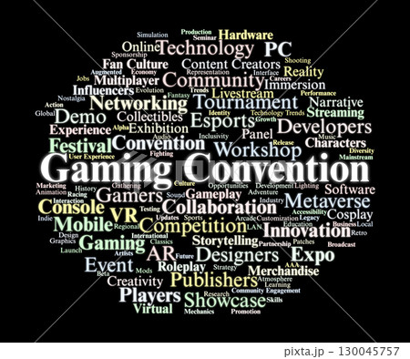 Gaming Convention Word Cloud. Key Concepts On Community, Events, Esports, Developers, Cosplay, Innovation, And The Global Gaming Culture. 130045757