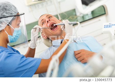 Qualified woman dentist in a protective mask treats a man patient Qualified woman dentist in a protective mask treats a man patient 130045773