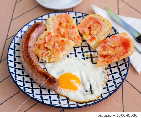 Fried eggs with sausage and tomatoes Fried eggs with sausage and tomatoes 130046080