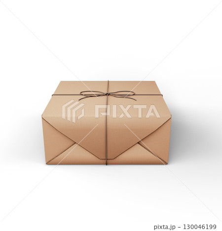 Minimalist Brown Paper Wrapped Gift Box with Twine on White Background. 3D Illustration. File with Clipping Path 130046199