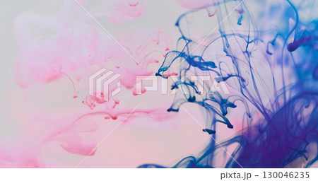 Smoke stream. Pigment blend. Pink blue drop spill in white defocused cloud water. Steam splash color pigment swirl mix abstract background. Smoke stream. Pigment blend. Pink blue drop spill in white defocused cloud water. Steam splash color pigment swirl mix abstract background. 130046235