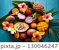 南国の花と一緒に盛り付けられたトロピカルフルーツ 130046247