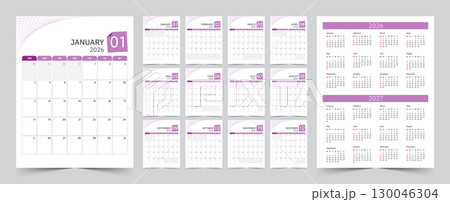 Monthly calendar template for 2026 year. The Week start on Sunday. Desk calendar 2026 design, simple and clean design, Wall calendar for print, digital calendar, Corporate design planner template Monthly calendar template for 2026 year. The Week start on Sunday. Desk calendar 2026 design, simple and clean design, Wall calendar for print, digital calendar, Corporate design planner template 130046304